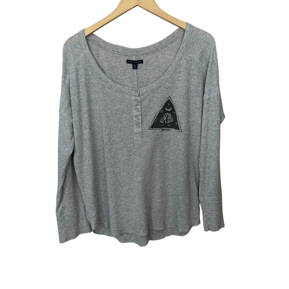 American Eagle Henley Thermal Top Womens Large Gray Moon Love Graphic Cotton‎
